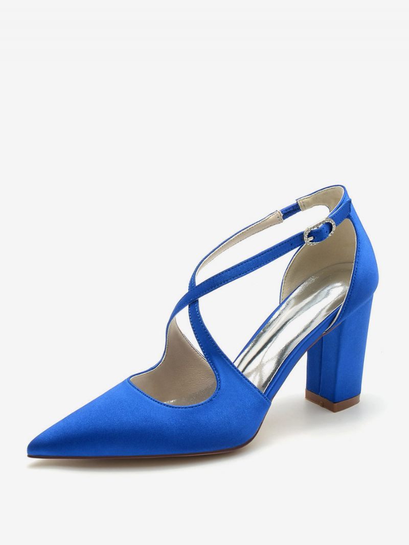 Chaussures Mariée Pour Femmes Satin À Bout Pointu Et Talon Épais - Bleu Royal