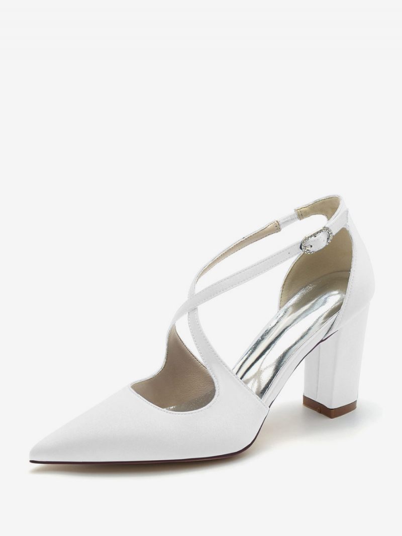 Chaussures Mariée Pour Femmes Satin À Bout Pointu Et Talon Épais - Blanc