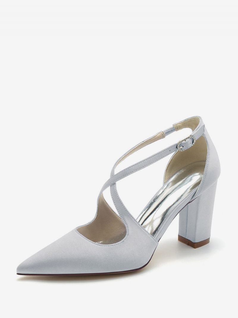 Chaussures Mariée Pour Femmes Satin À Bout Pointu Et Talon Épais - Argent