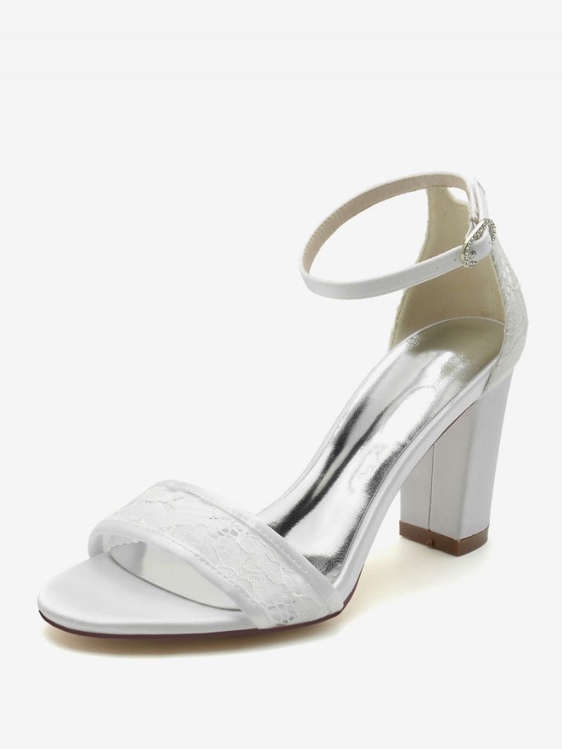 Chaussures Mariée Pour Femmes Satin Champagne À Bout Ouvert Et Talon Épais - Blanc