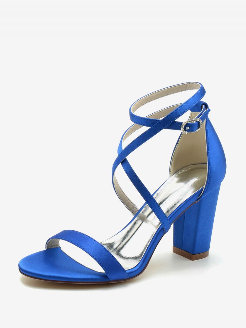 Chaussures Mariée Pour Femmes Satin Champagne À Bout Ouvert Et Talon Épais - Bleu Royal