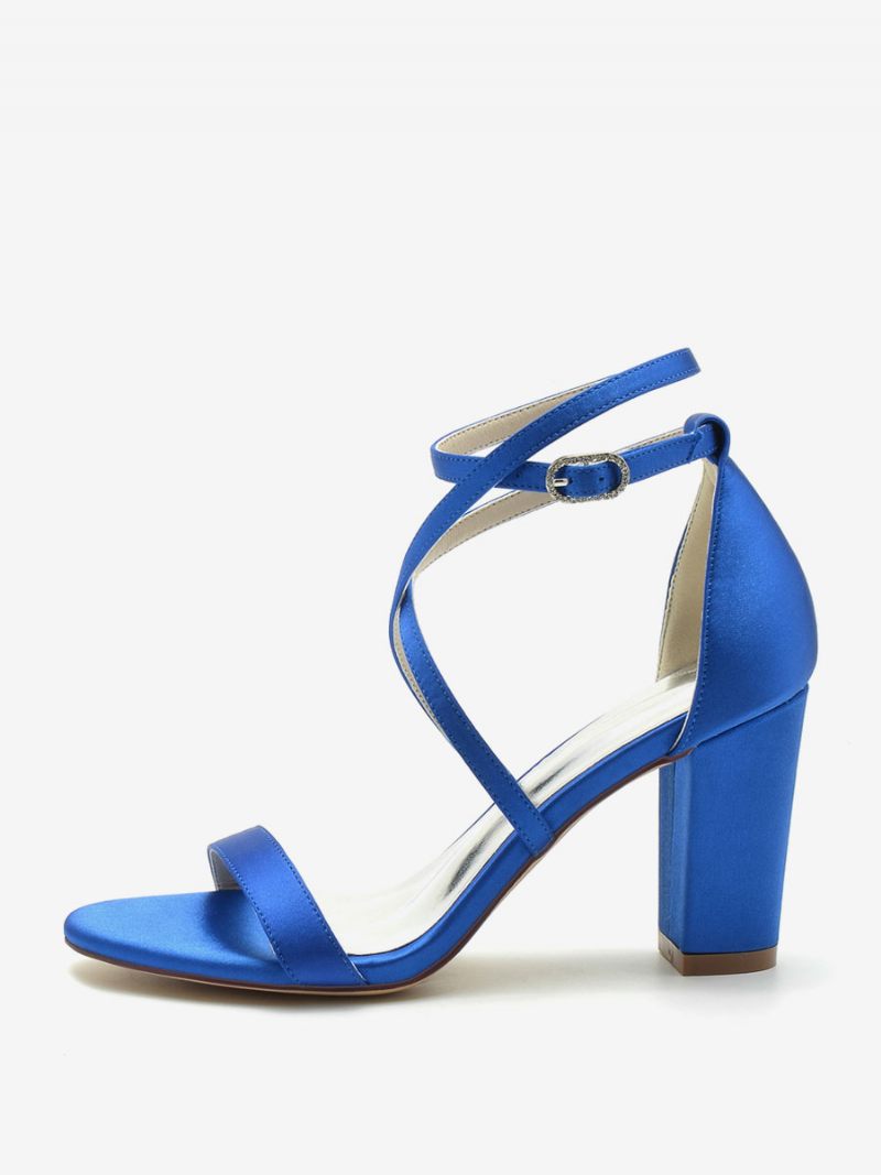 Chaussures Mariée Pour Femmes Satin Champagne À Bout Ouvert Et Talon Épais - Bleu Royal