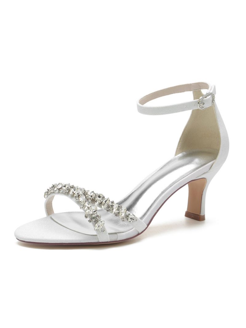 Chaussures Mariée Pour Femmes Strass Bride À La Cheville Sandales Talons Épais - Blanc