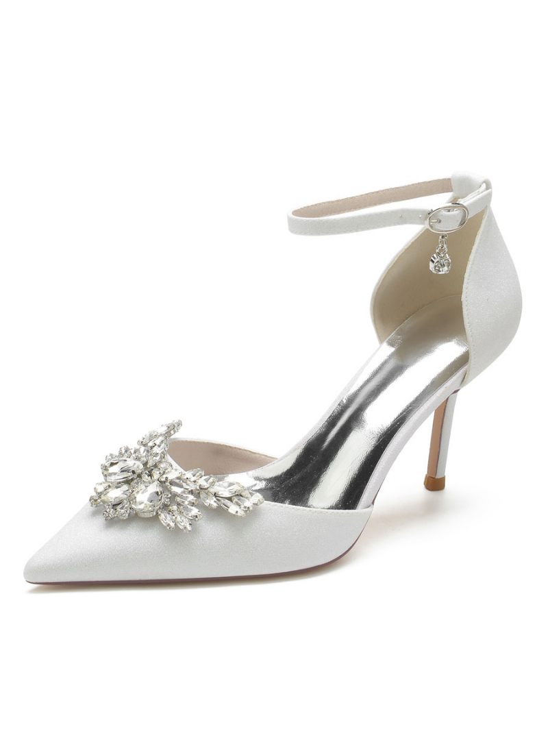 Chaussures Mariée Pour Femmes Strass Bride À La Cheville Talon Aiguille Escarpins - Blanc