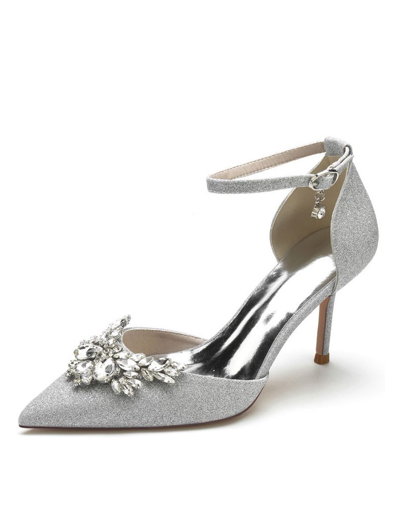 Chaussures Mariée Pour Femmes Strass Bride À La Cheville Talon Aiguille Escarpins - Argent