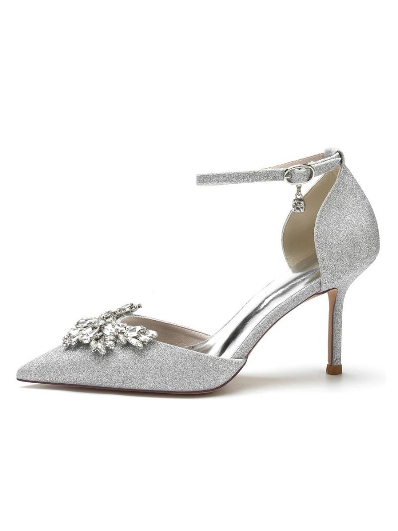 Chaussures Mariée Pour Femmes Strass Bride À La Cheville Talon Aiguille Escarpins - Argent