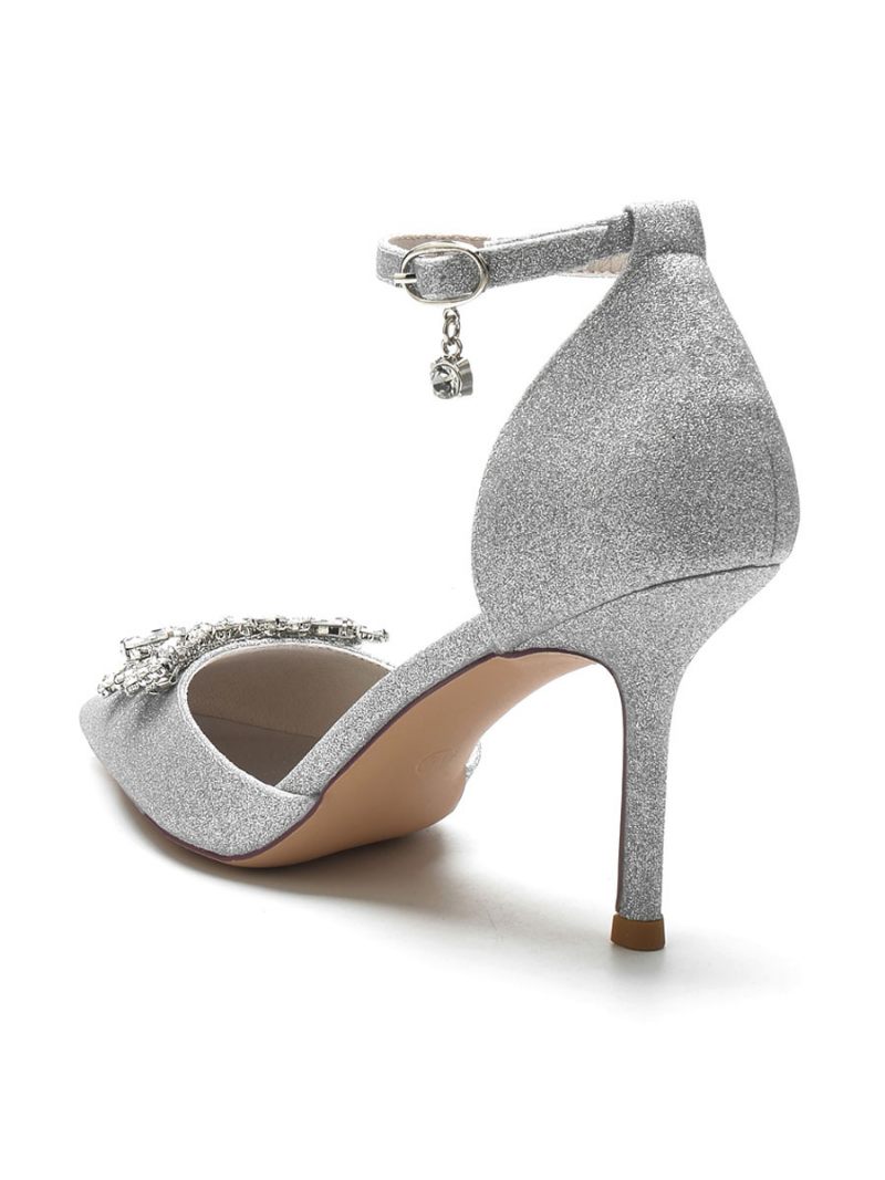 Chaussures Mariée Pour Femmes Strass Bride À La Cheville Talon Aiguille Escarpins - Argent