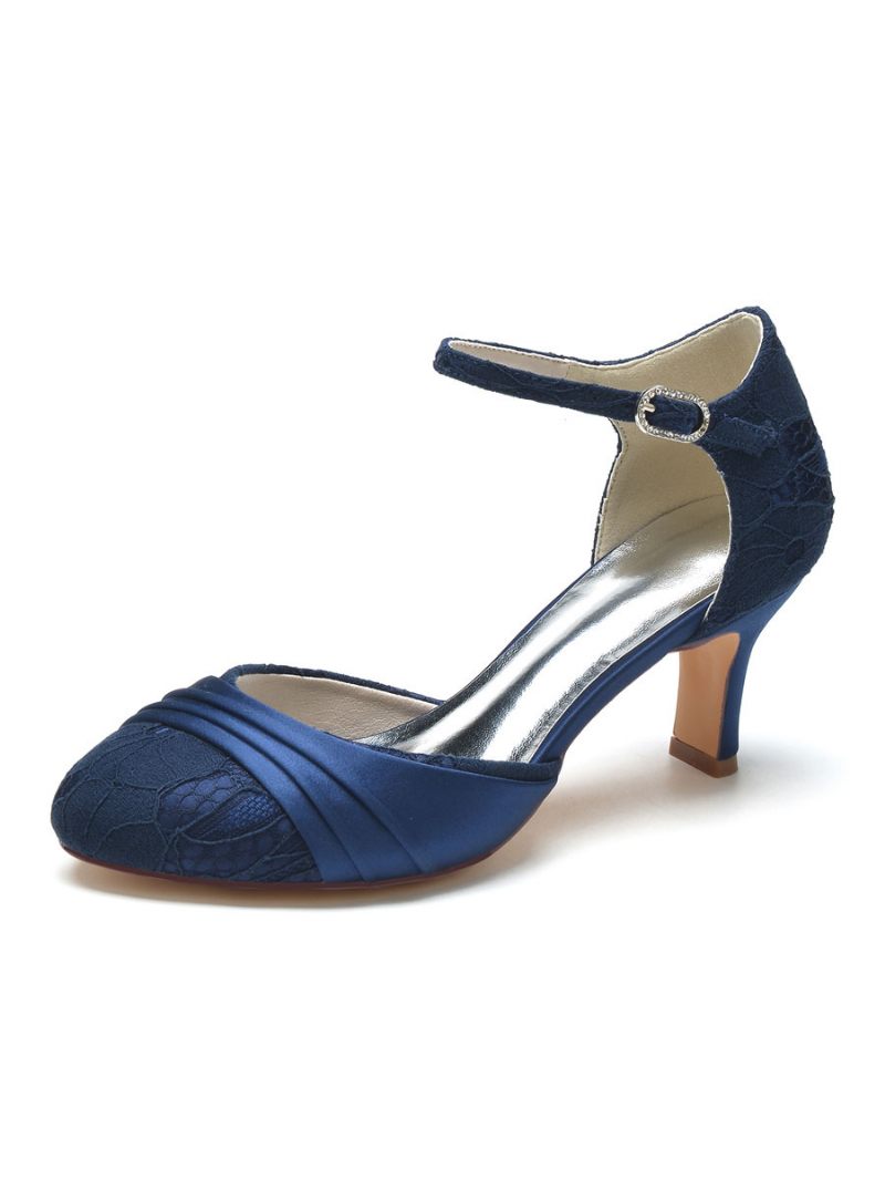 Chaussures Mariée Pour Femmes Strass Dentelle Bout Rond À Talons Épais - Bleu Profond