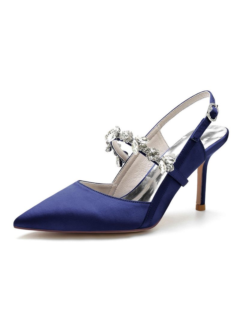 Chaussures Mariée Pour Femmes Strass Mary Jane Escarpins À Talons Aiguilles - Bleu Profond