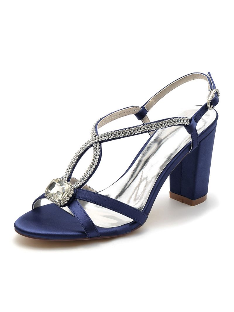 Chaussures Mariée Pour Femmes Strass Satin Bout Ouvert Talon Épais - Bleu Profond