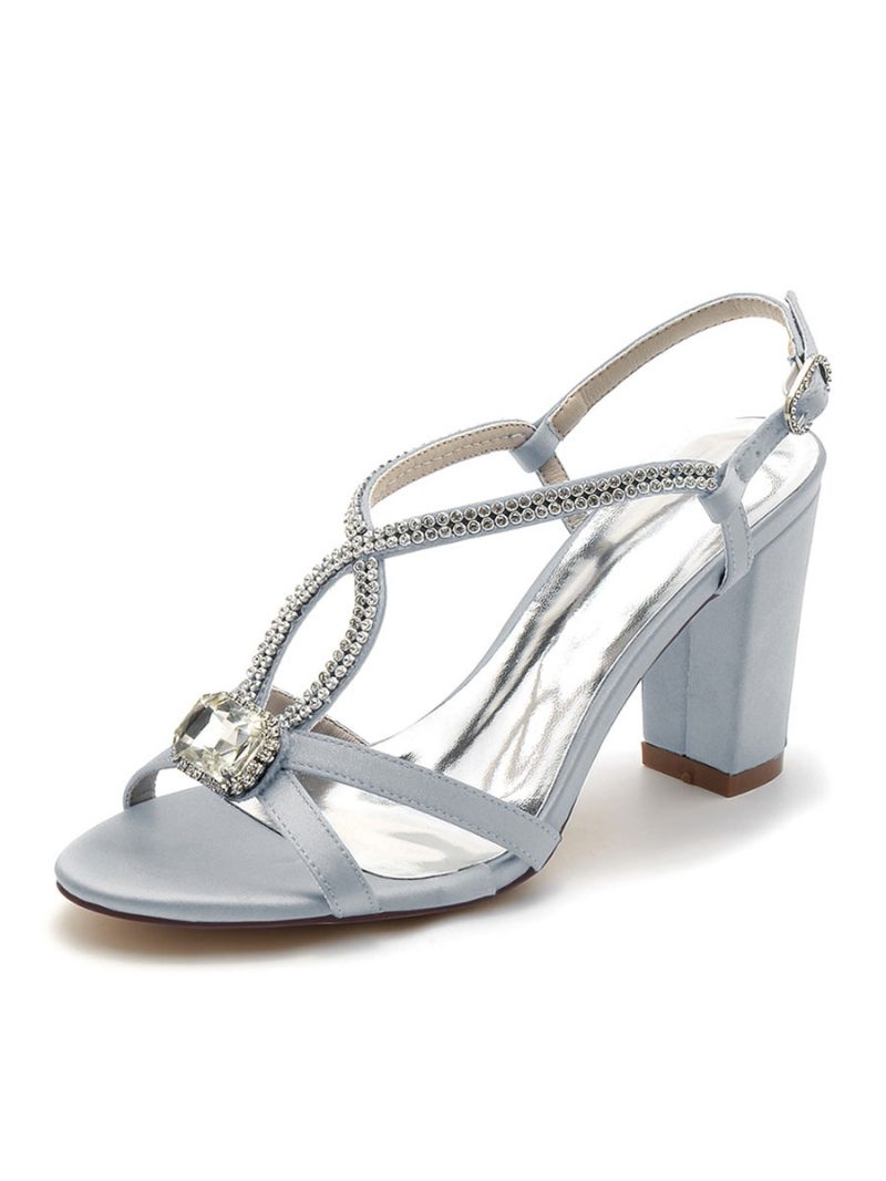 Chaussures Mariée Pour Femmes Strass Satin Bout Ouvert Talon Épais - Argent