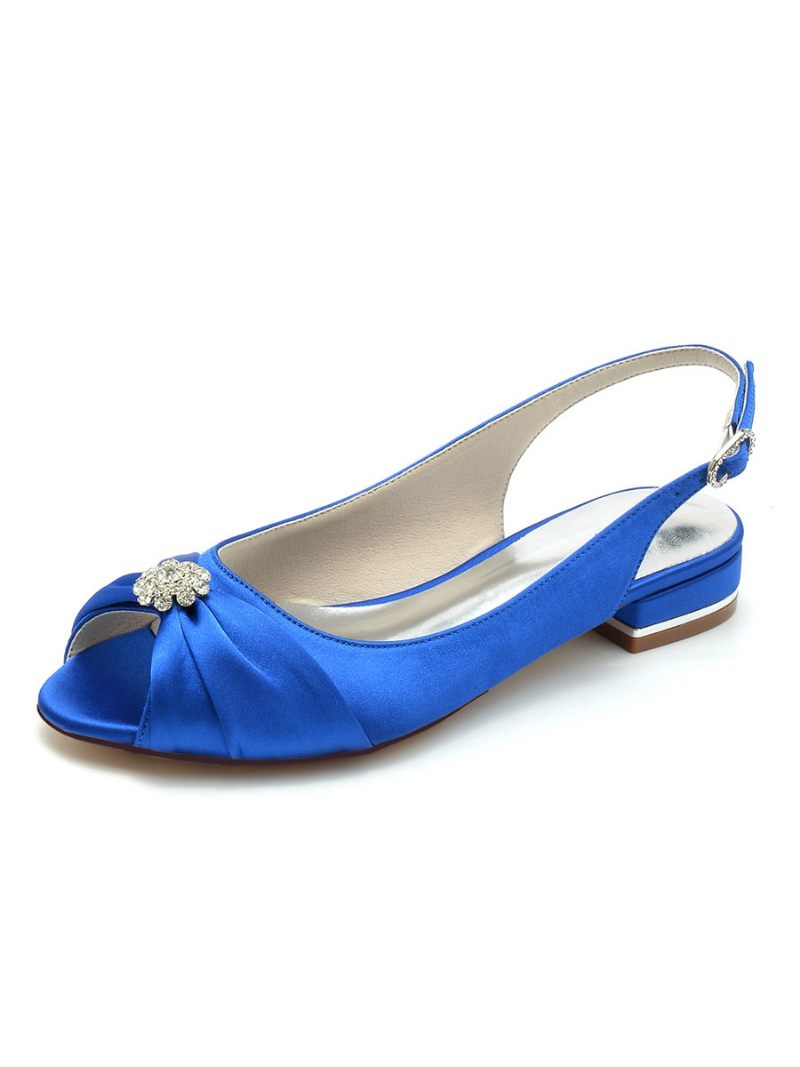 Chaussures Mariée Pour Femmes Strass Satin Peep Toe Plates - Bleu Royal