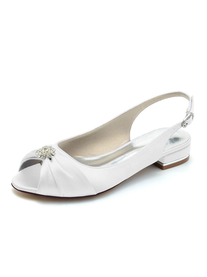 Chaussures Mariée Pour Femmes Strass Satin Peep Toe Plates - Blanc