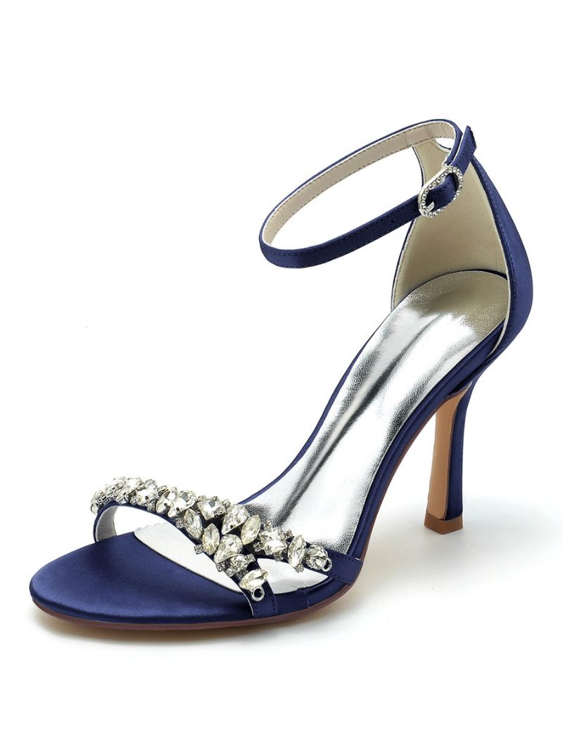 Chaussures Mariée Pour Femmes Strass Satiné Bout Ouvert Talon Aiguille - Bleu Profond