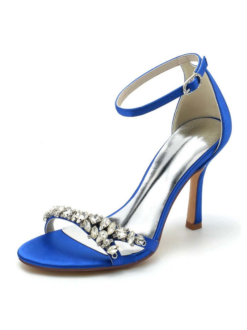 Chaussures Mariée Pour Femmes Strass Satiné Bout Ouvert Talon Aiguille - Bleu Royal