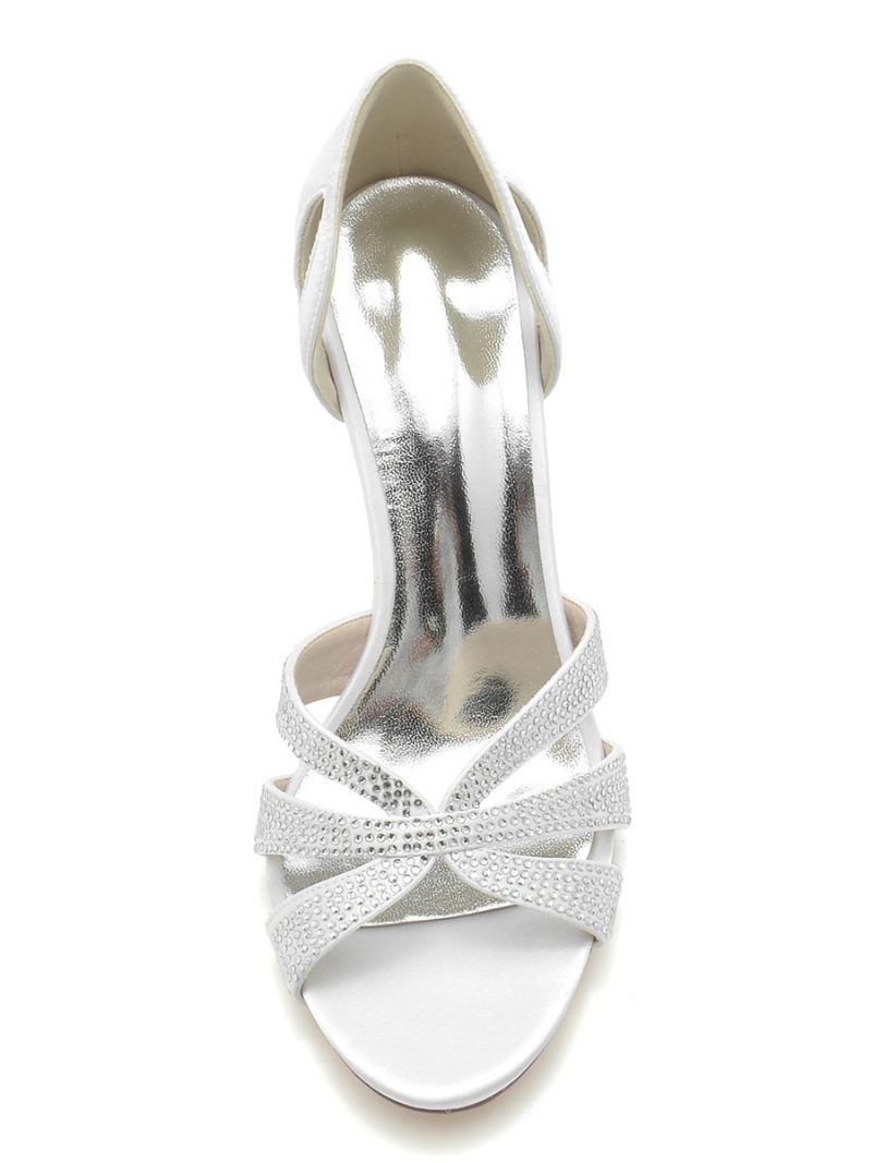 Chaussures Mariée Pour Femmes Strass Soie Et Satin Bout Ouvert Talon Aiguille - Blanc