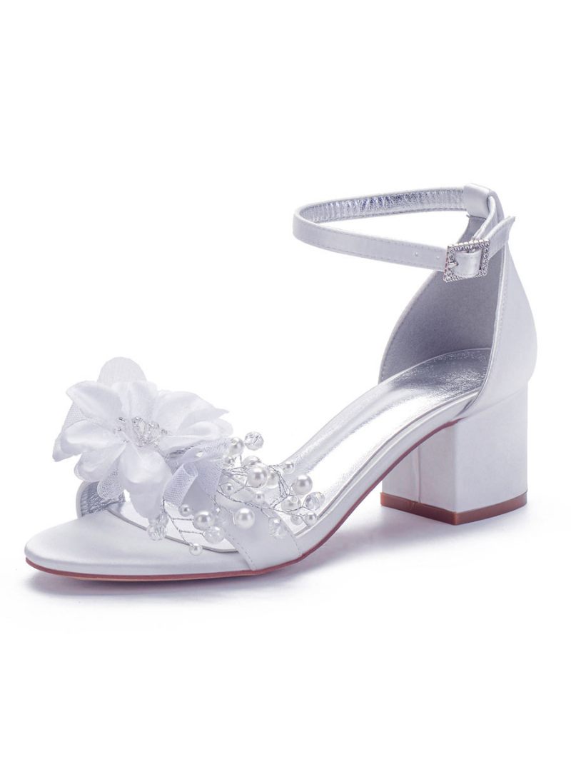 Chaussures Mariée À Fleurs Pour Femmes Sandales Talons Blocs Et Bride La Cheville - Blanc