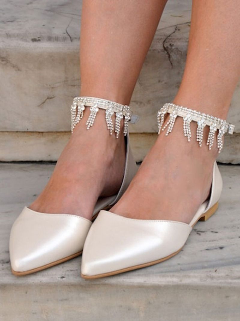 Chaussures Mariée Ivoire Pour Femmes Bout Pointu Strass Bride À La Cheville Mariage