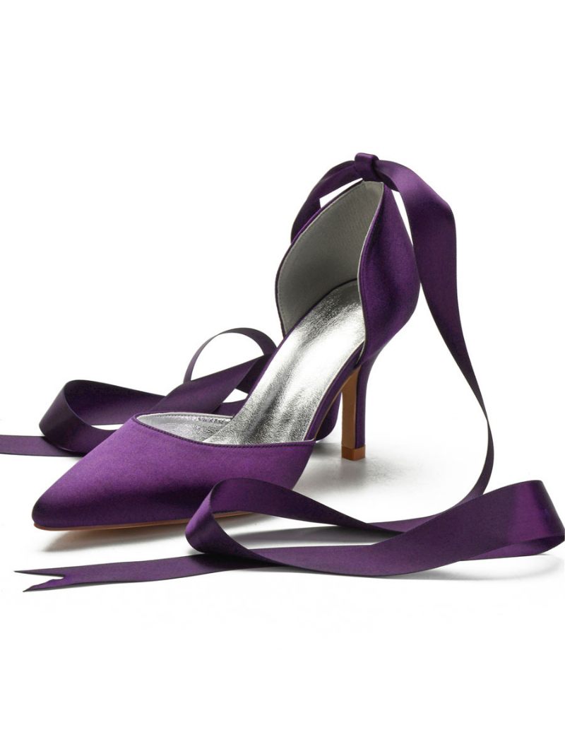 Chaussures Mariée À Lanières Pour Femmes Dorsay Escarpins Talons Aiguilles Satin - Violet Foncé