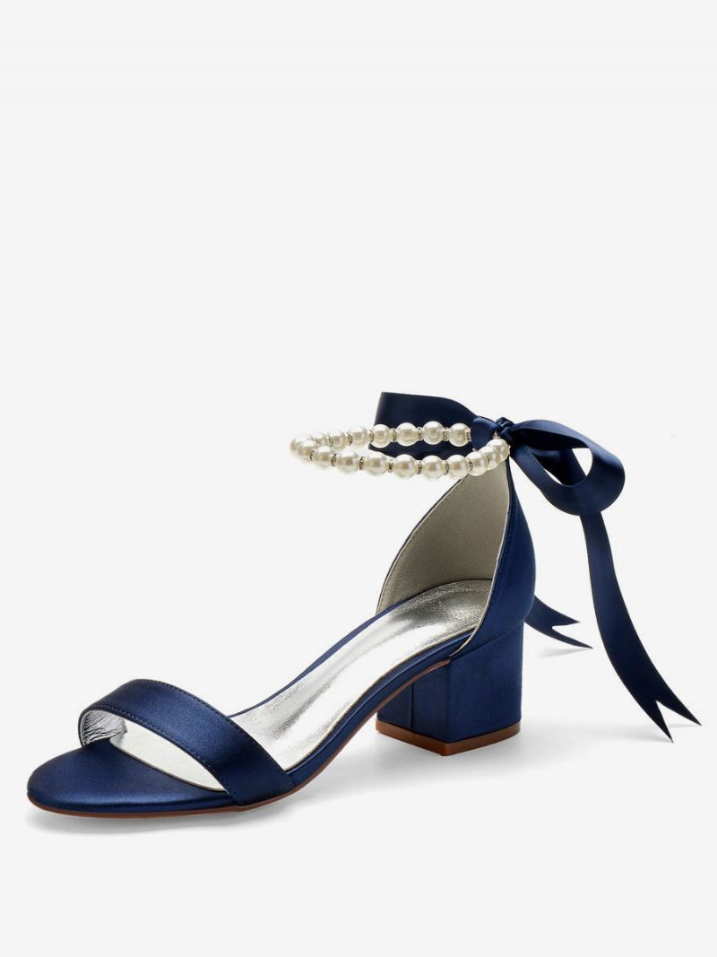 Chaussures Mariée À Nouer Pour Femmes Sandales Talon Bloc Et Bride La Cheville - Bleu Profond