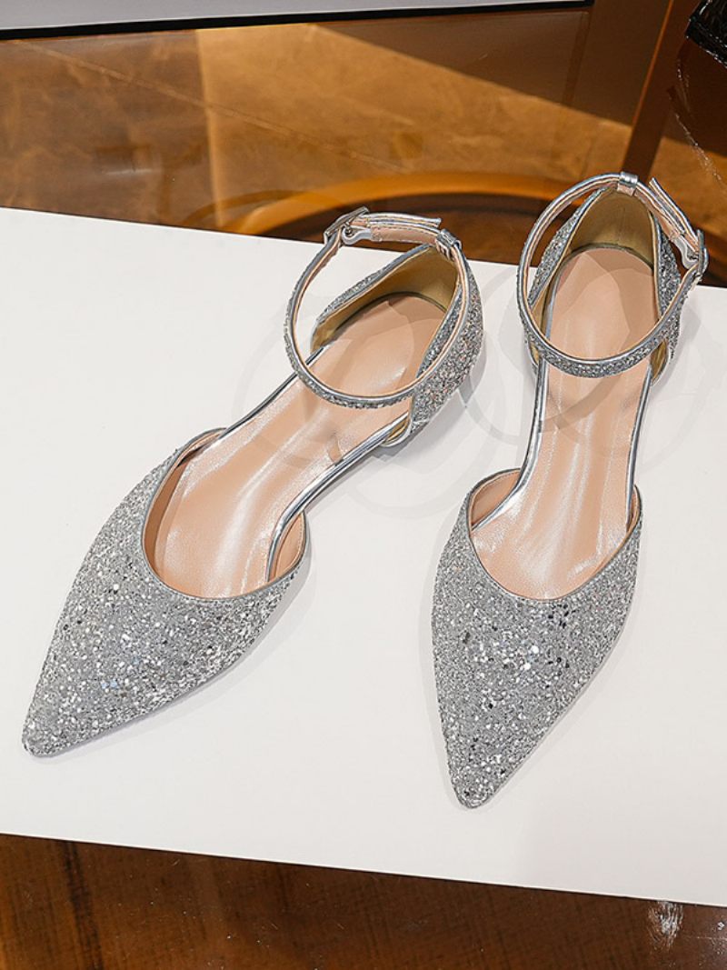 Chaussures Mariée À Paillettes Pour Femmes Plates Argentées Bout Pointu Fête Mariage - Argent