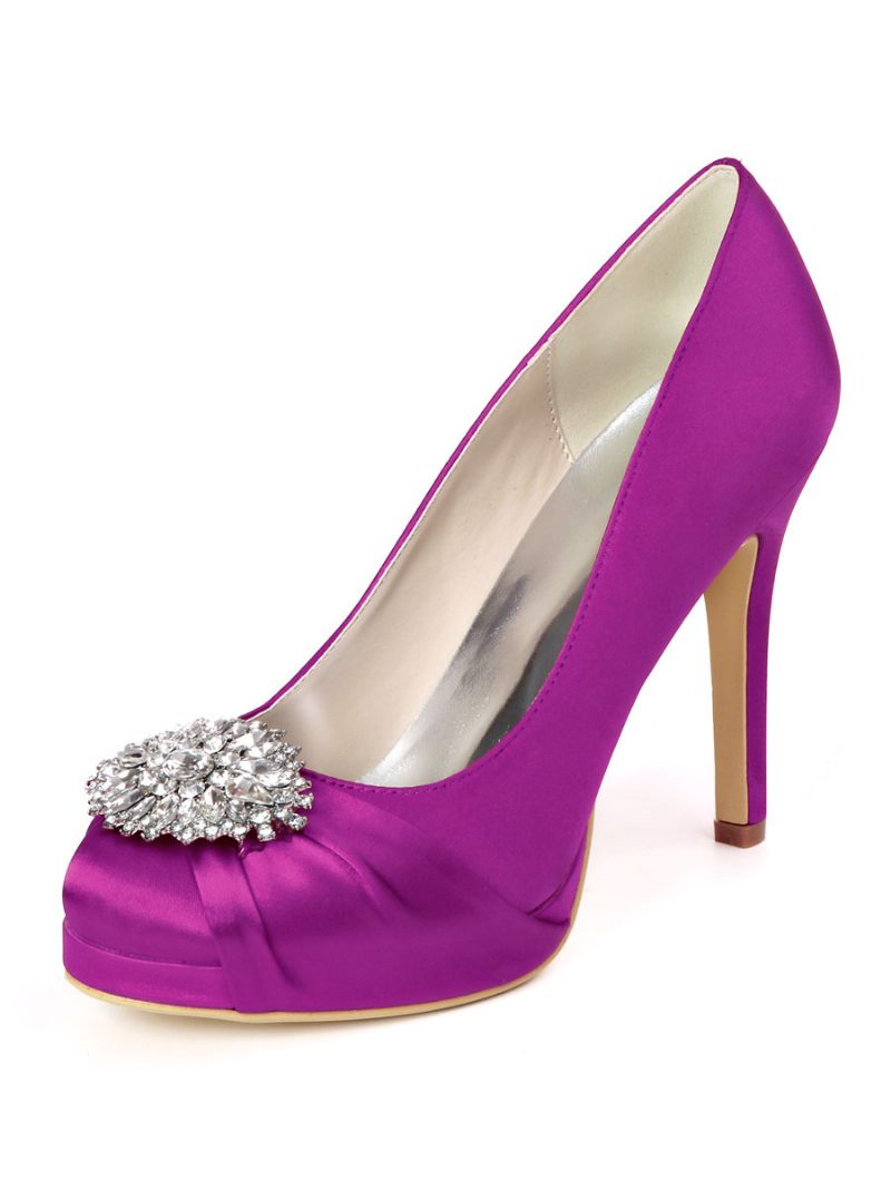 Chaussures Mariée À Plateforme Strass Pour Femmes Escarpins Talons Satin - Violet