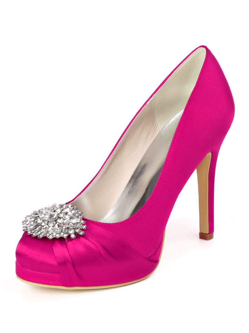 Chaussures Mariée À Plateforme Strass Pour Femmes Escarpins Talons Satin - Rose