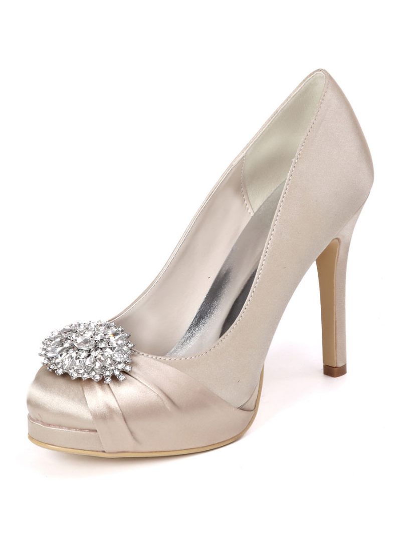 Chaussures Mariée À Plateforme Strass Pour Femmes Escarpins Talons Satin - Champagne