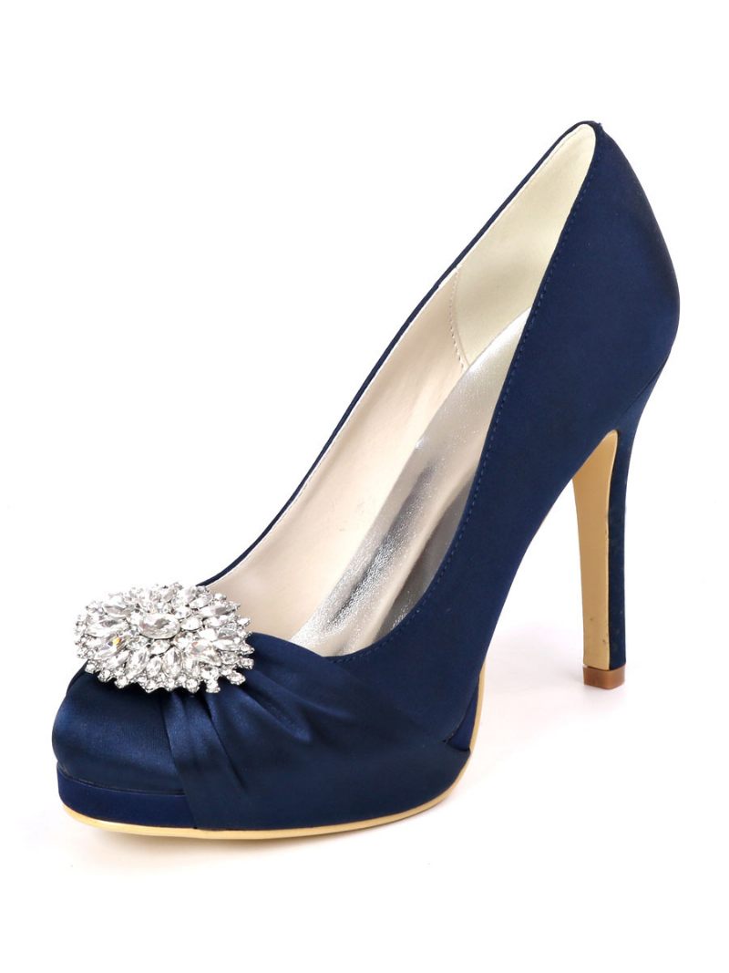 Chaussures Mariée À Plateforme Strass Pour Femmes Escarpins Talons Satin - Bleu Profond