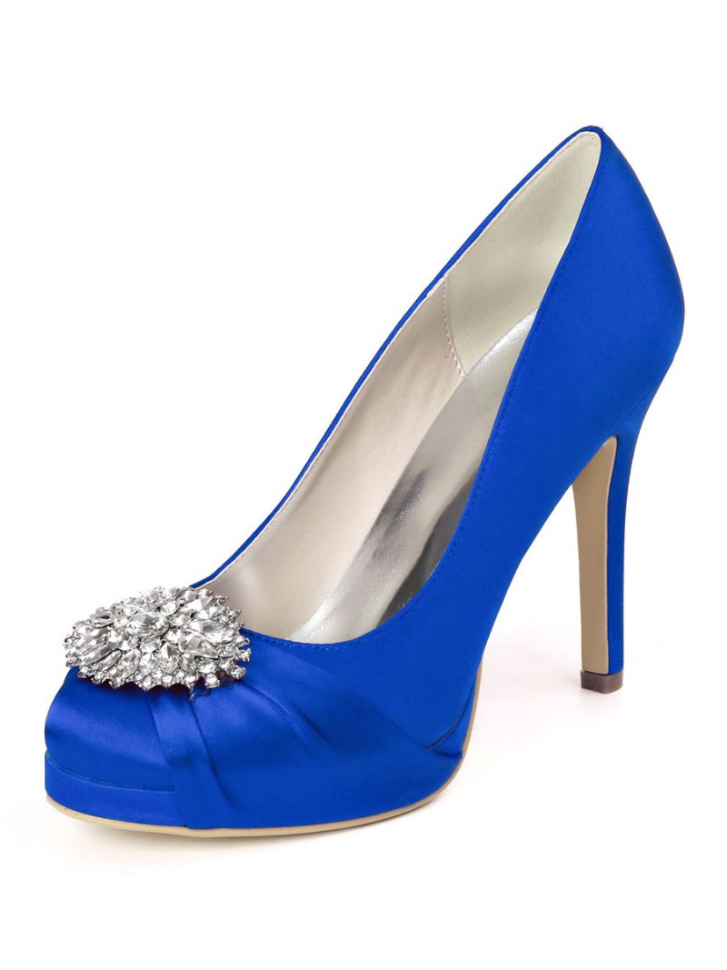 Chaussures Mariée À Plateforme Strass Pour Femmes Escarpins Talons Satin - Bleu Royal