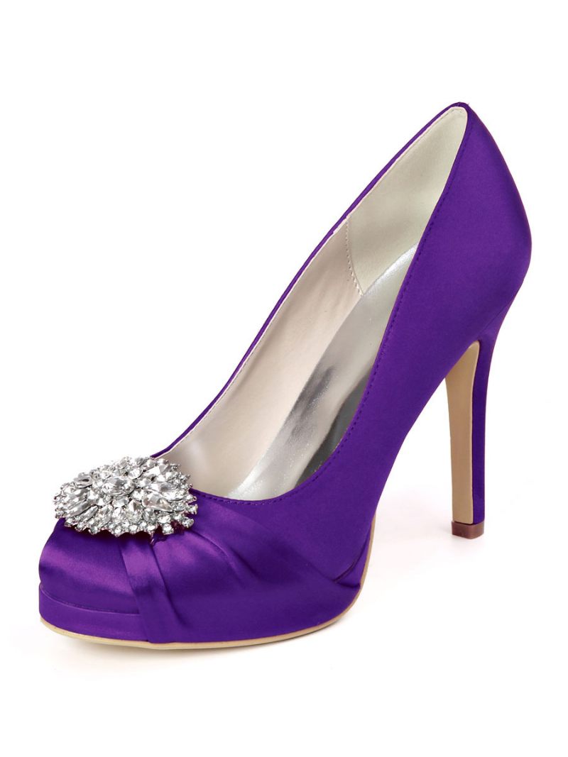 Chaussures Mariée À Plateforme Strass Pour Femmes Escarpins Talons Satin - Violet Foncé