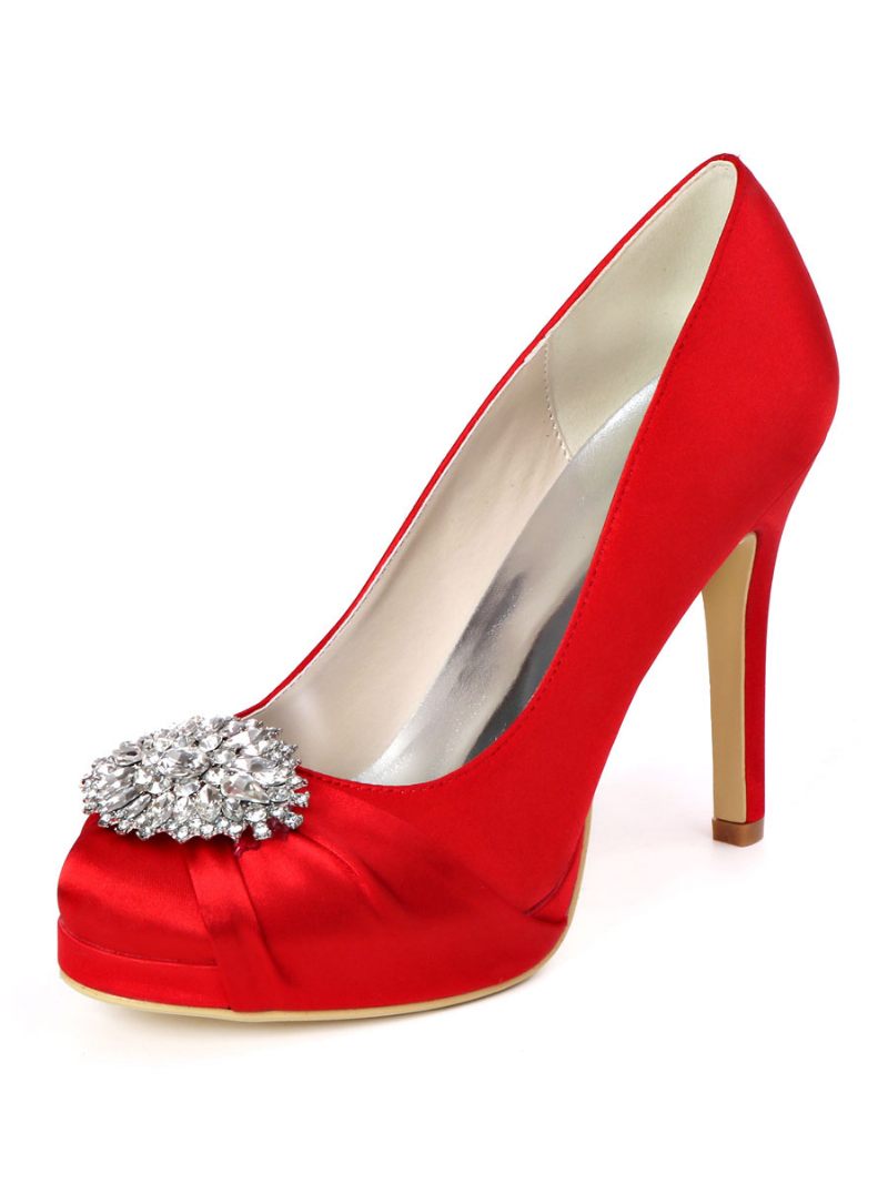 Chaussures Mariée À Plateforme Strass Pour Femmes Escarpins Talons Satin - Rouge Ture