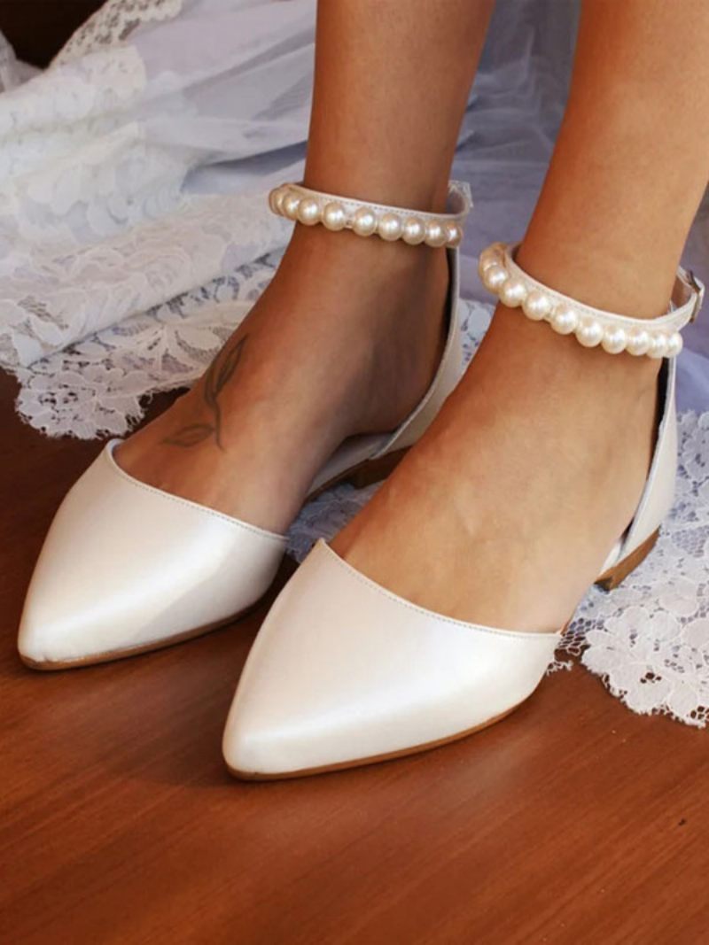 Chaussures Mariée Plates Blanches Pour Femmes Bout Pointu Perles Bride À La Cheville Mariage