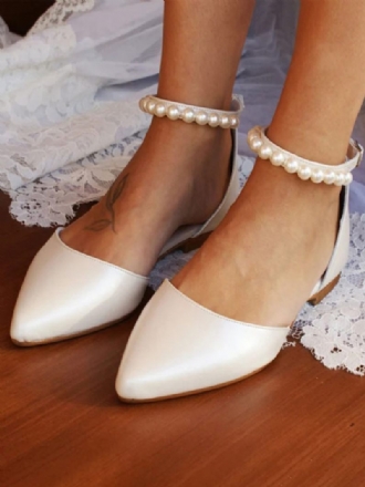 Chaussures Mariée Plates Blanches Pour Femmes Bout Pointu Perles Bride À La Cheville Mariage