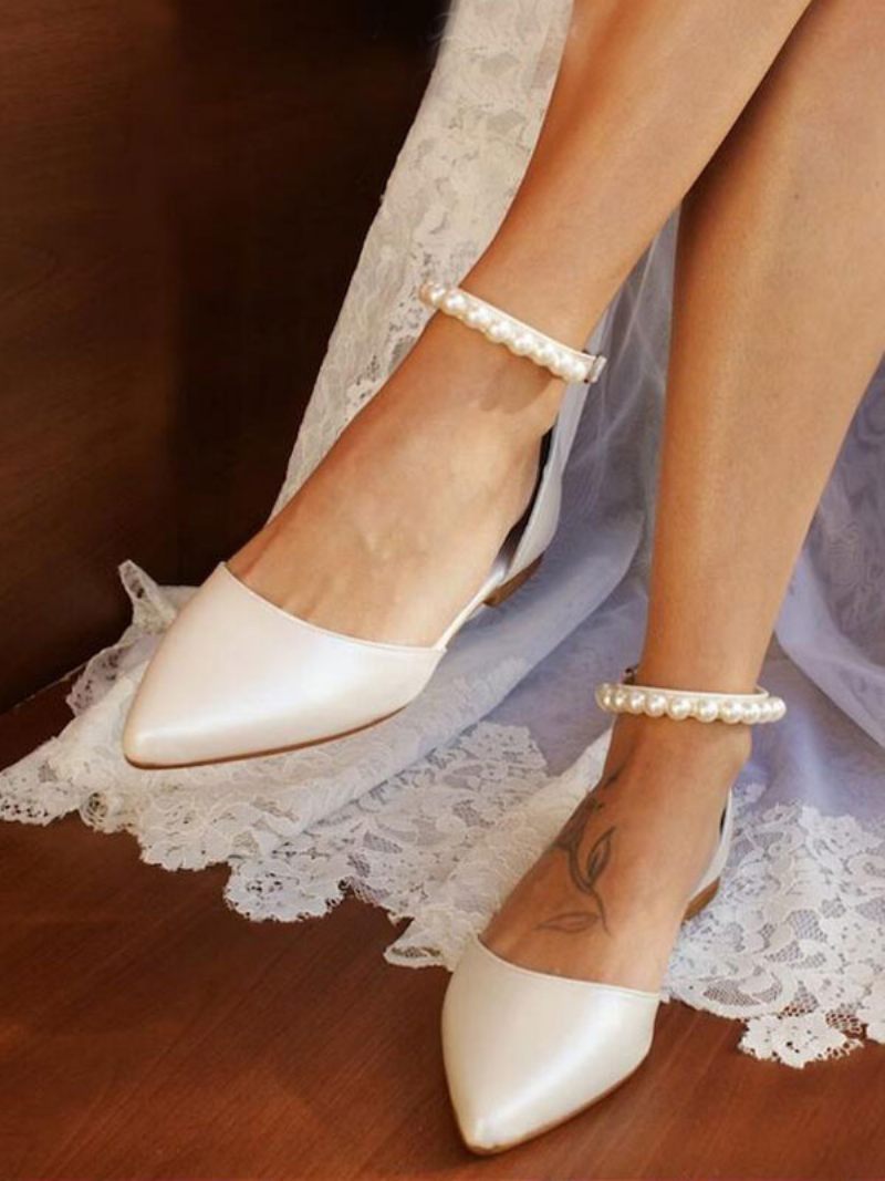 Chaussures Mariée Plates Blanches Pour Femmes Bout Pointu Perles Bride À La Cheville Mariage - Blanc