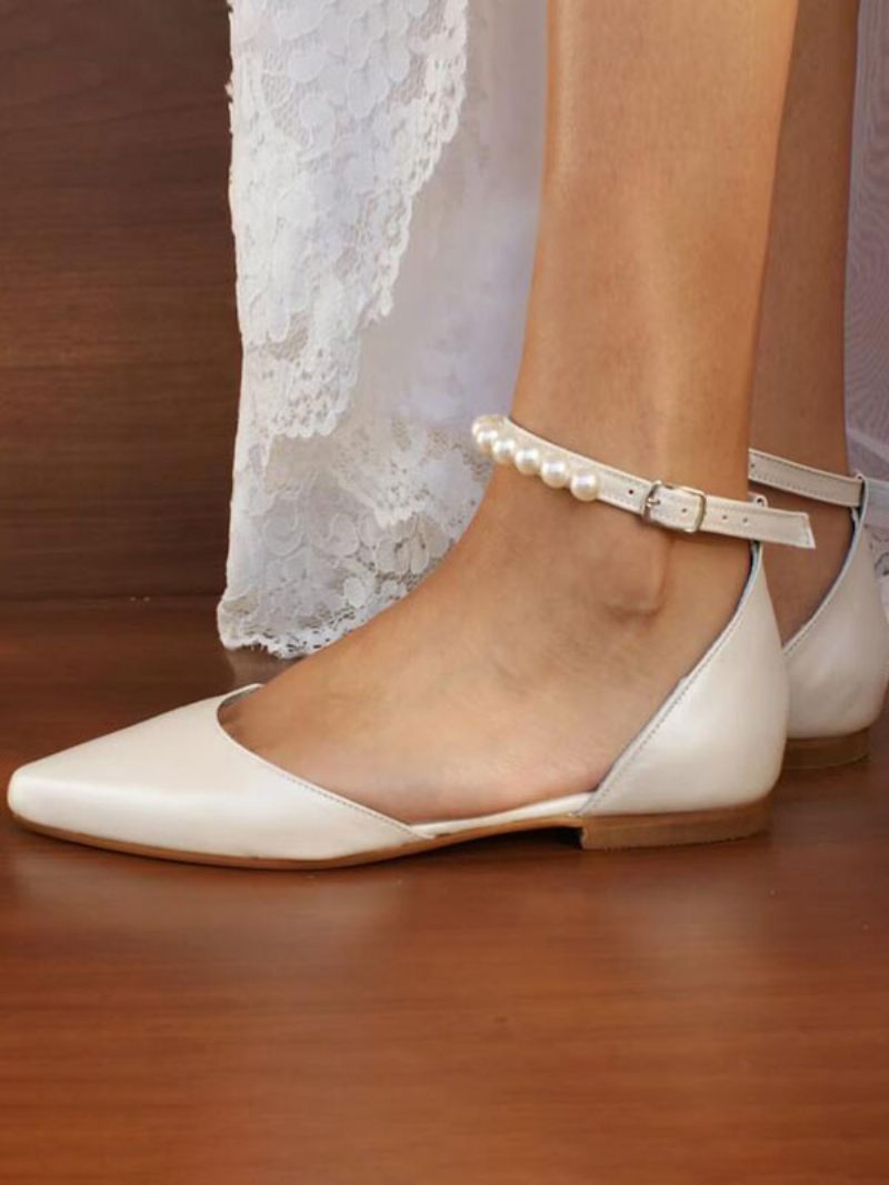 Chaussures Mariée Plates Blanches Pour Femmes Bout Pointu Perles Bride À La Cheville Mariage - Blanc