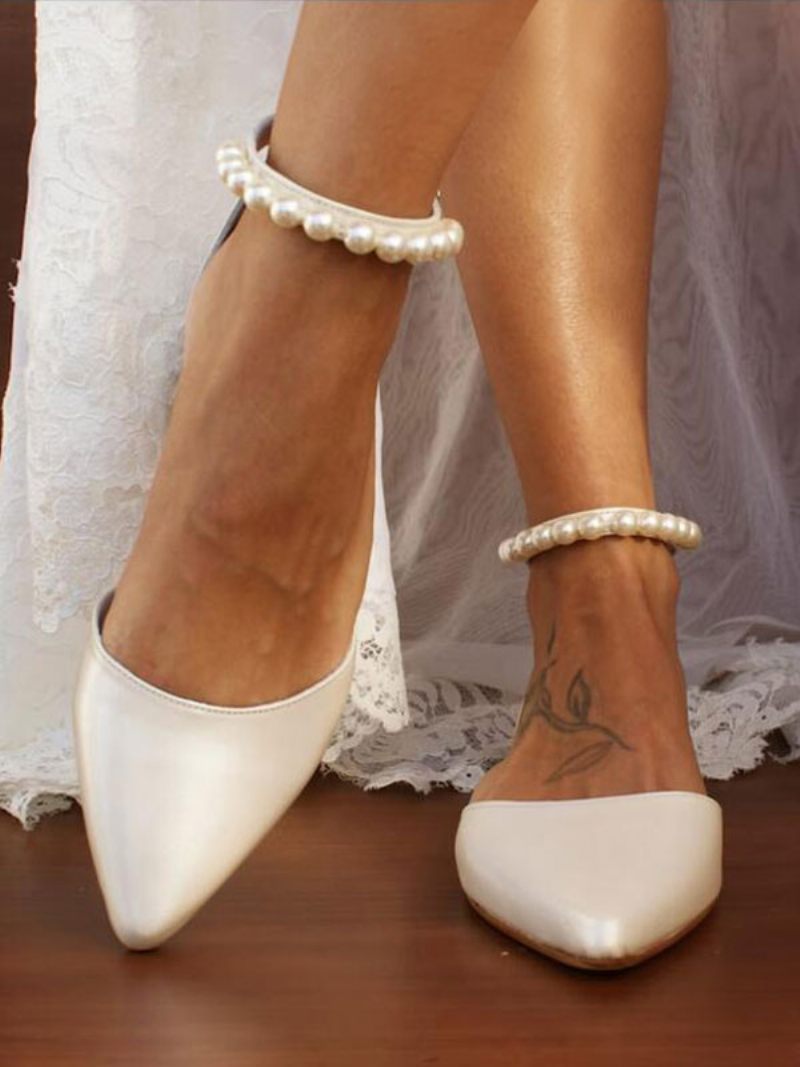 Chaussures Mariée Plates Blanches Pour Femmes Bout Pointu Perles Bride À La Cheville Mariage - Blanc