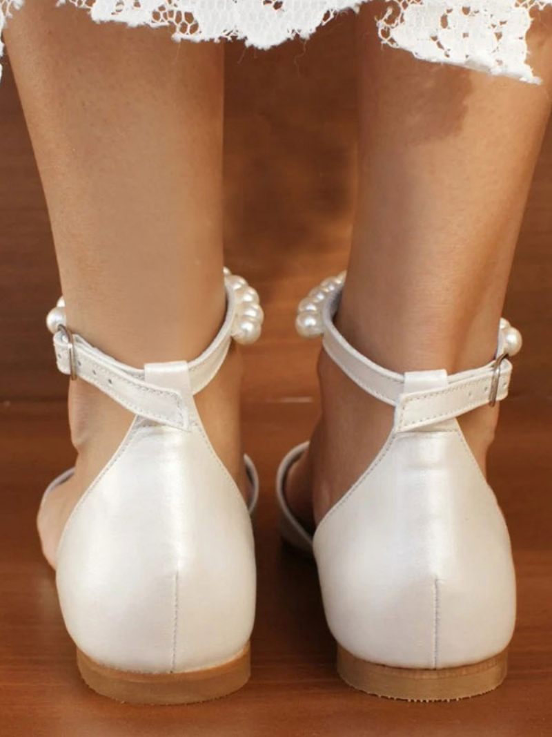 Chaussures Mariée Plates Blanches Pour Femmes Bout Pointu Perles Bride À La Cheville Mariage - Blanc