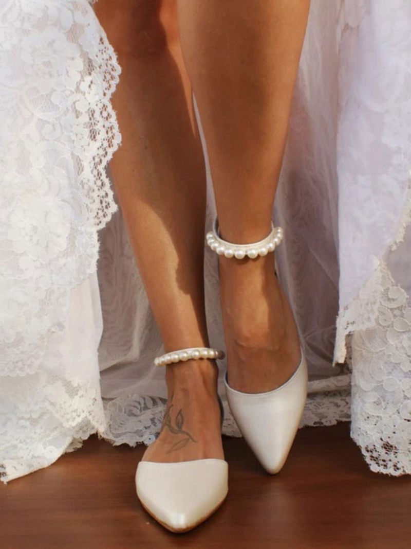 Chaussures Mariée Plates Blanches Pour Femmes Bout Pointu Perles Bride À La Cheville Mariage - Blanc