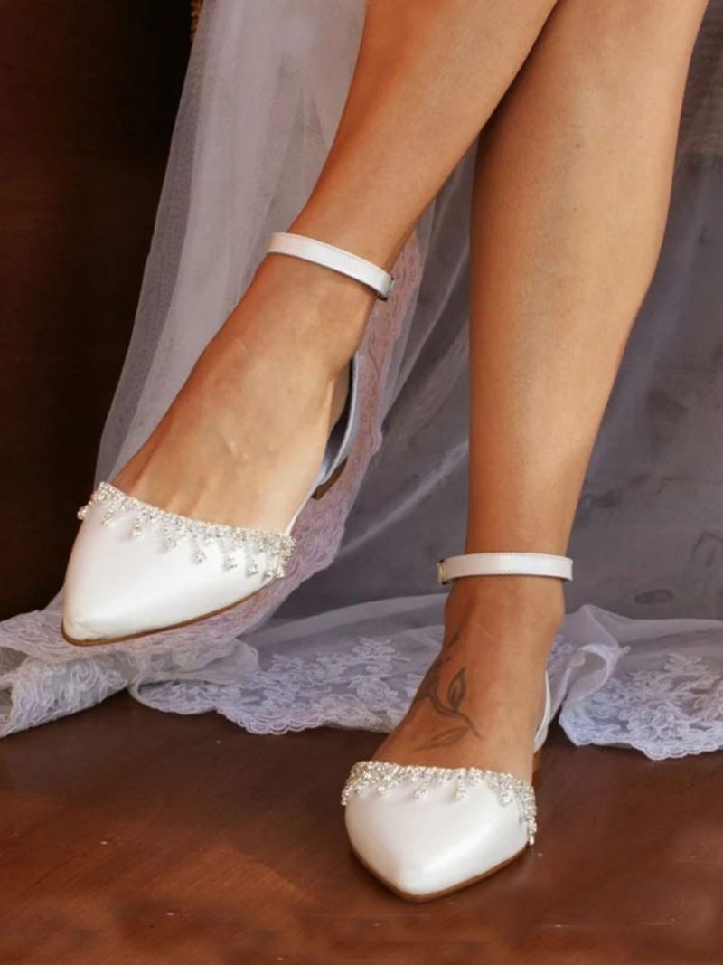 Chaussures Mariée Plates Blanches Pour Femmes Bout Pointu Strass Bride À La Cheville Mariage - Blanc