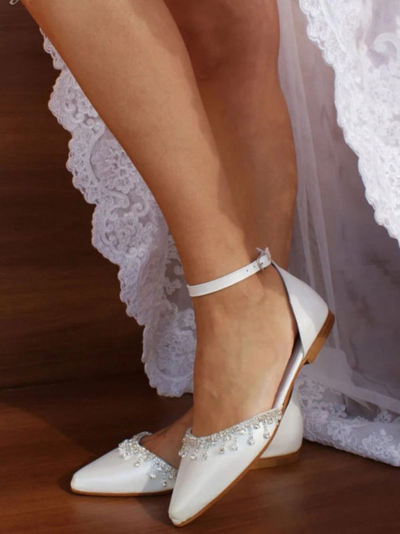 Chaussures Mariée Plates Blanches Pour Femmes Bout Pointu Strass Bride À La Cheville Mariage - Blanc