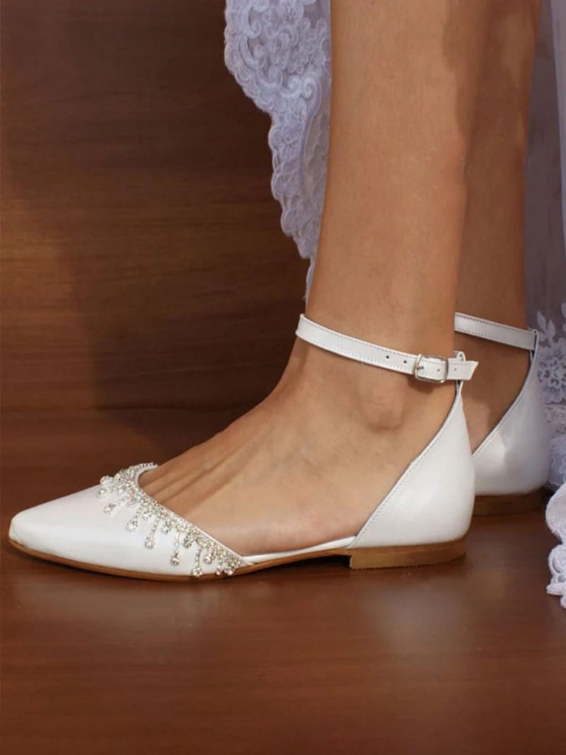 Chaussures Mariée Plates Blanches Pour Femmes Bout Pointu Strass Bride À La Cheville Mariage - Blanc