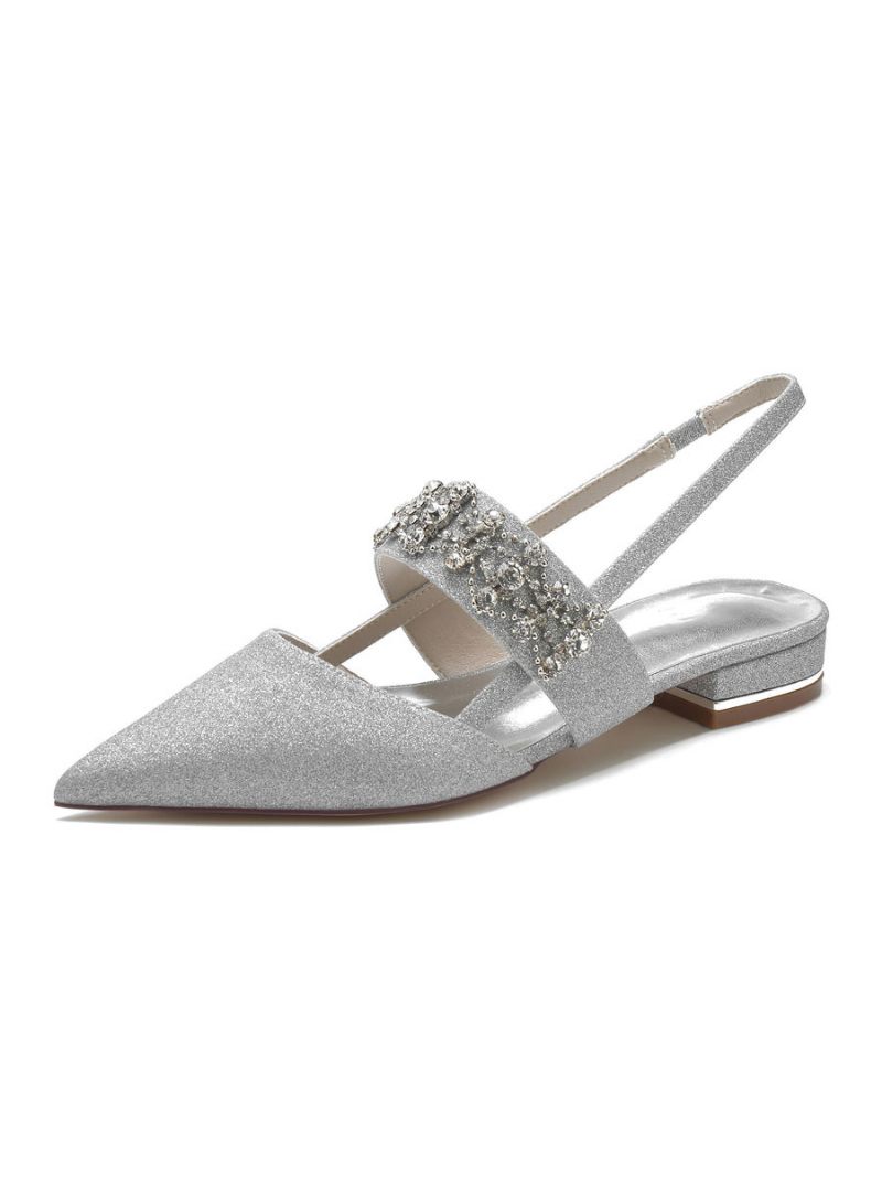 Chaussures Mariée Plates À Bride Arrière Avec Strass Pour Femmes - Argent