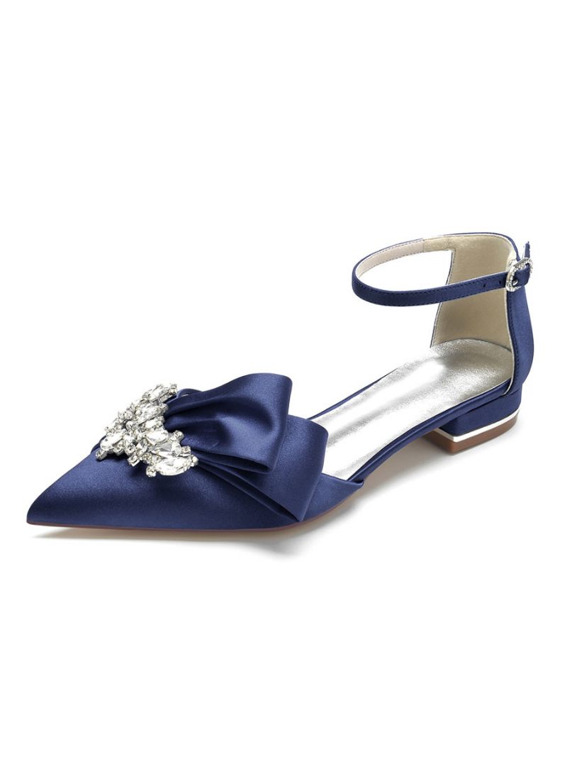 Chaussures Mariée Plates À Bride La Cheville Pour Femmes Satin - Bleu Profond