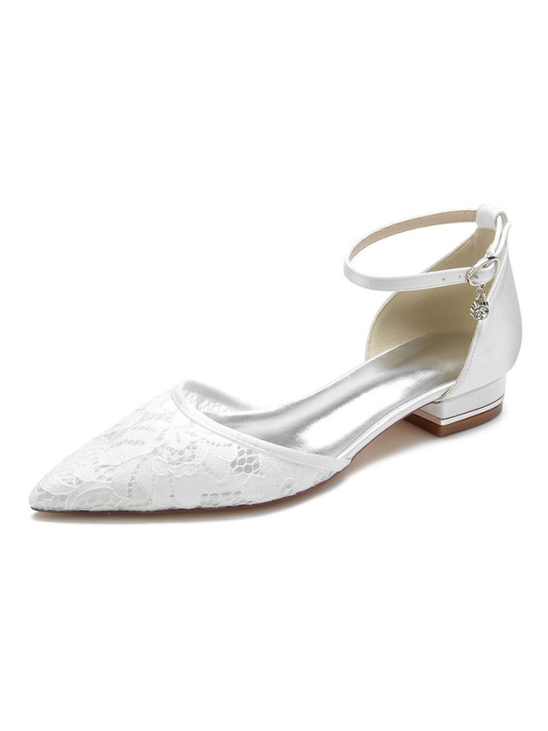 Chaussures Mariée Plates Dentelle Avec Bride À La Cheville Pour Femmes - Blanc