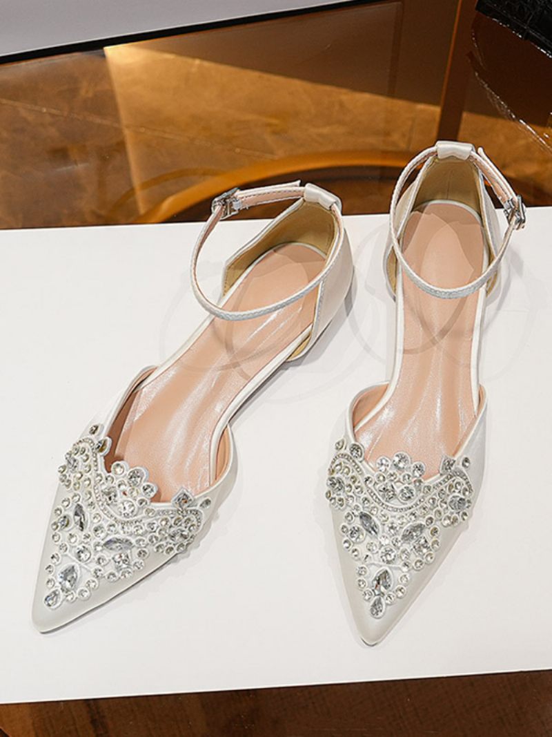 Chaussures Mariée Plates Pour Femmes Bout Pointu Strass Bride À La Cheville Mariage - Blanc