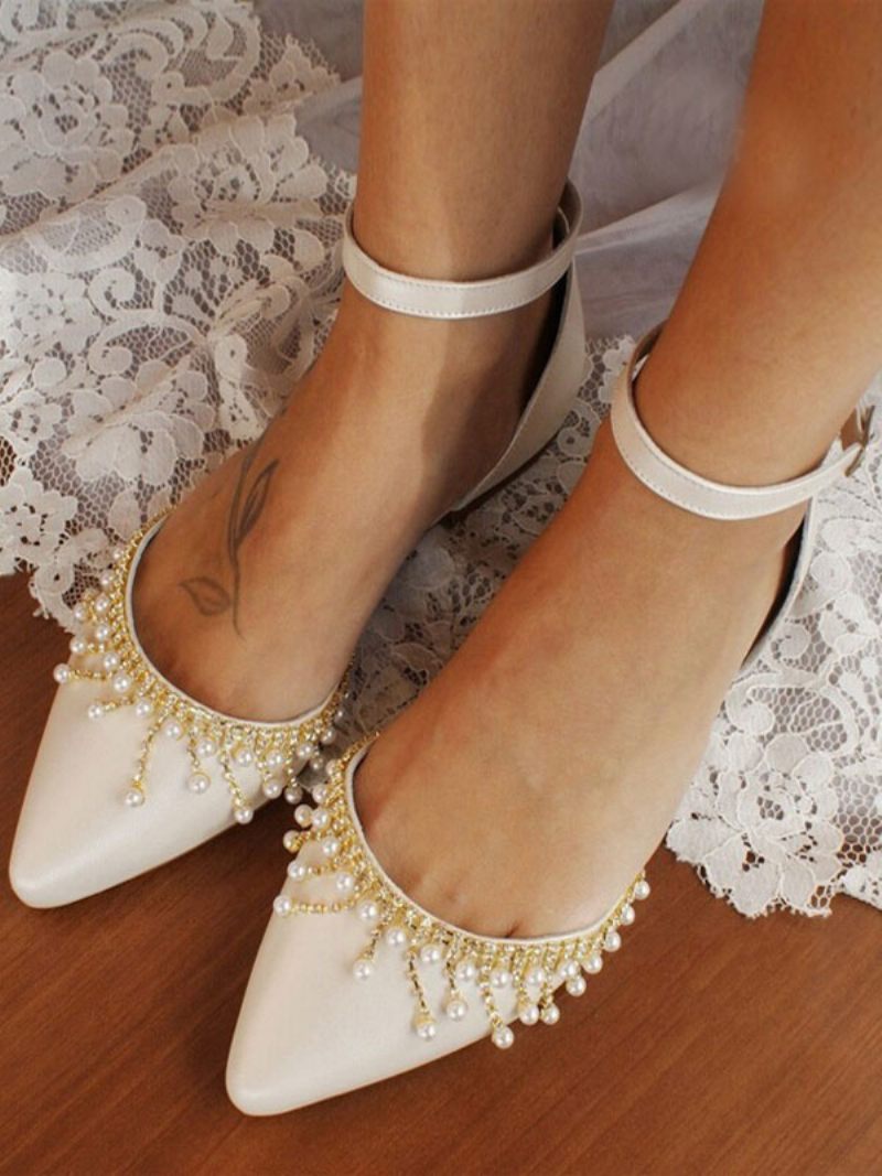 Chaussures Mariée Plates Pour Femmes Ivoire Bout Pointu Perles Détail Mariage