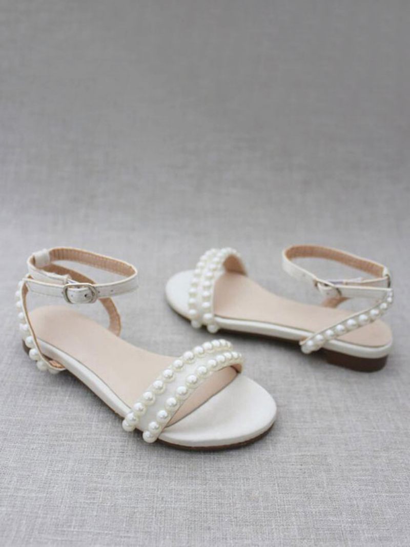 Chaussures Mariée Plates Pour Femmes Mariage Blanches À Bout Ouvert Et Perles - Blanc