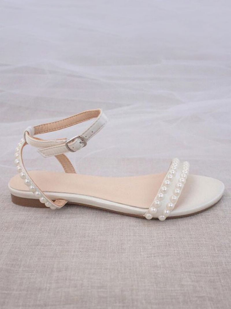 Chaussures Mariée Plates Pour Femmes Mariage Blanches À Bout Ouvert Et Perles - Blanc