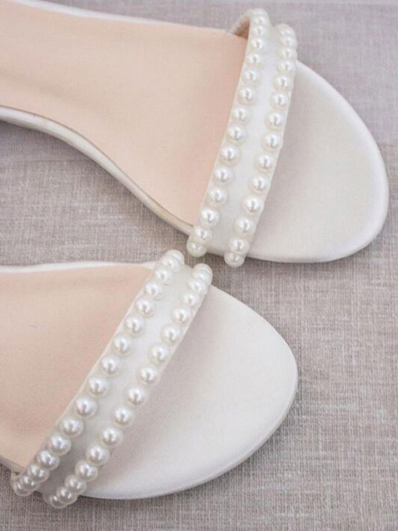 Chaussures Mariée Plates Pour Femmes Mariage Blanches À Bout Ouvert Et Perles - Blanc